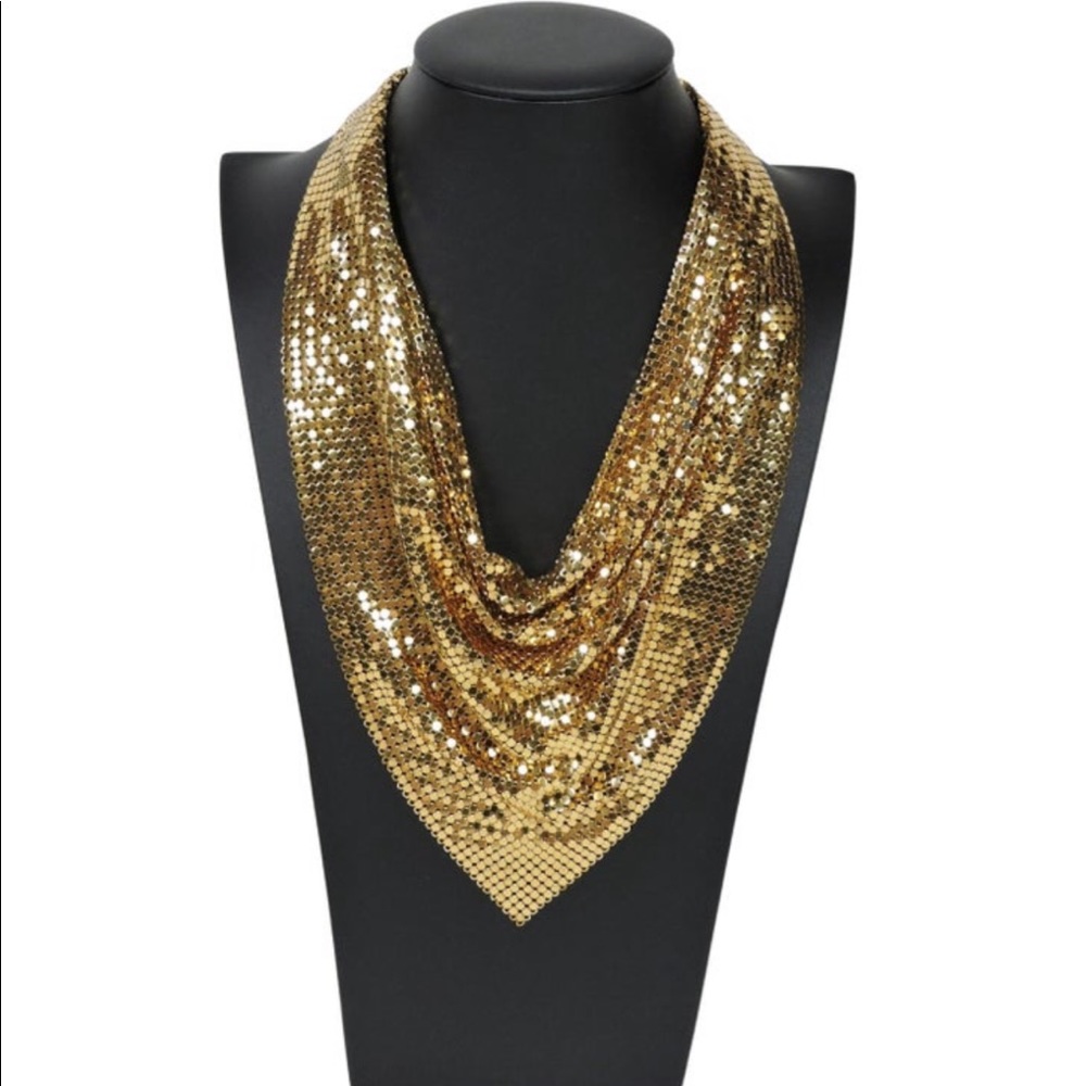 Vintage Whiting & Davis 1970’s gold mesh cowl necklace 20” disco studio 54